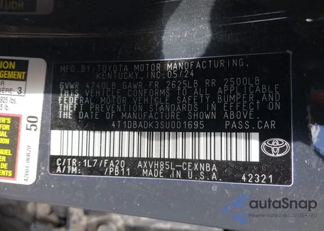 2025 Toyota Camry Le из США, поврежденный, VIN 4T1DBADK3SU001695